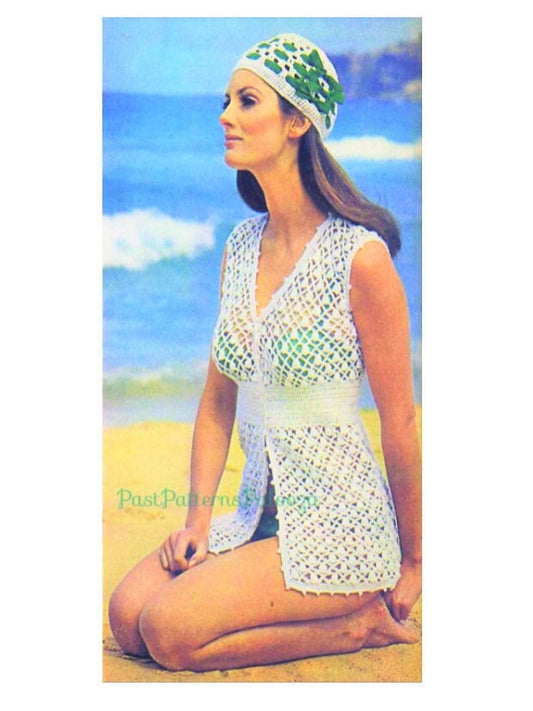 Vintage Crochet Pattern Womens Pretty Lace Beach Bikini Cover Up Top &  Hat Set PDF Instant Digital Download 70s Boho Beachwear 8 Ply