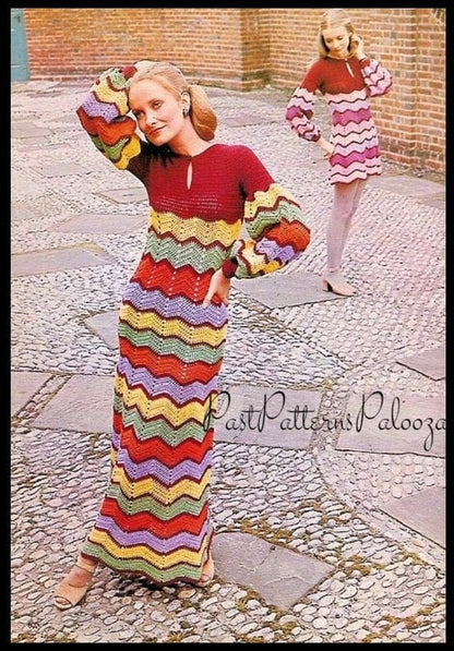 Vintage Crochet Pattern Womens Zig-Zag Chevron Stripe Long Maxi or Short Mini Dress PDF Instant Digital Download Hippie Gypsy Chic 5 Ply DK