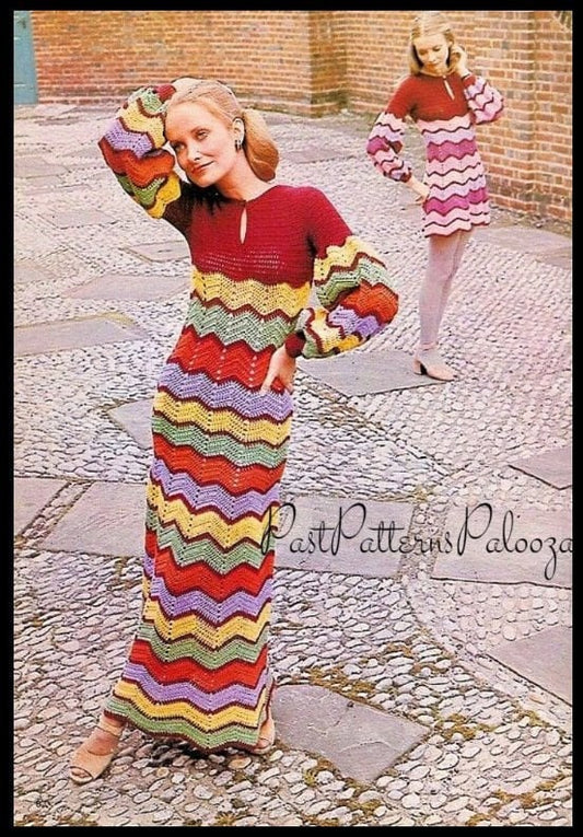 Vintage Crochet Pattern Womens Zig-Zag Chevron Stripe Long Maxi or Short Mini Dress PDF Instant Digital Download Hippie Gypsy Chic 5 Ply DK