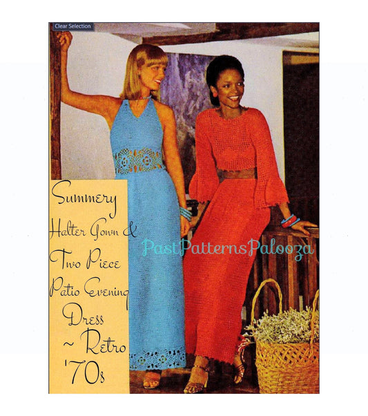 Vintage Crochet Pattern Womens Lace Summer Halter Gown & Patio Evening Maxi Dress PDF Instant Digital Download Retro Boho 5 Ply