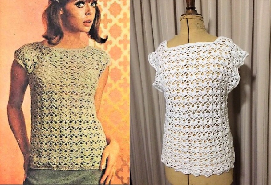 Vintage Crochet Pattern Womens Lacy Fan Stitch Summer Top and Short Skimmer Dress PDF Instant Digital Download Retro Boho Chic DK 8 Ply