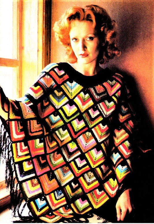 Vintage Crochet Pattern Womens Harlequin Rainbow Poncho Diamond Motifs PDF Instant Digital Download Gypsy Boho Bohemian Festival Wear 3 Ply