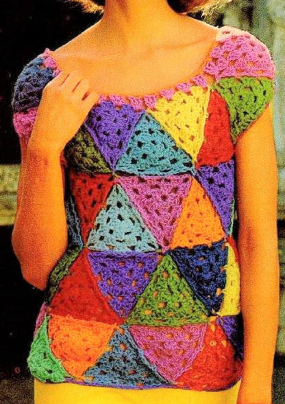 Vintage Crochet Pattern Womens Rainbow Triangles Patchwork Top PDF Instant Digital Download Retro Boho Granny Squares Hippie Jumper 5 Ply