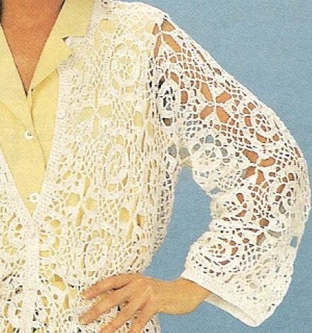 Vintage Crochet Pattern Womens Summer Lace Squares Motif Cardigan Top PDF Instant Digital Download Button Front Cotton Thread