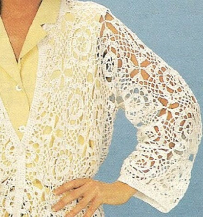 Vintage Crochet Pattern Womens Summer Lace Squares Motif Cardigan Top PDF Instant Digital Download Button Front Cotton Thread