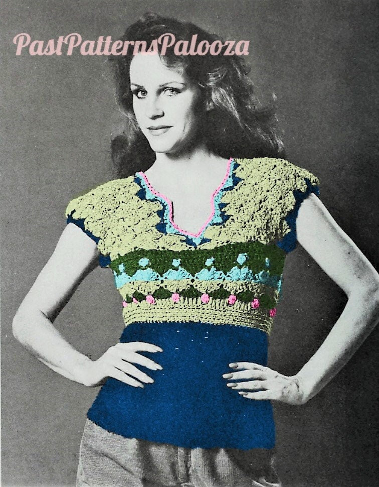 Vintage Crochet Pattern Womens Pretty Torso Hugger Cap Sleeved Shells Top PDF Instant Digital Download Boho 1970s Nubby Boucle Yarn DK