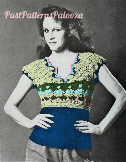 Vintage Crochet Pattern Womens Pretty Torso Hugger Cap Sleeved Shells Top PDF Instant Digital Download Boho 1970s Nubby Boucle Yarn DK