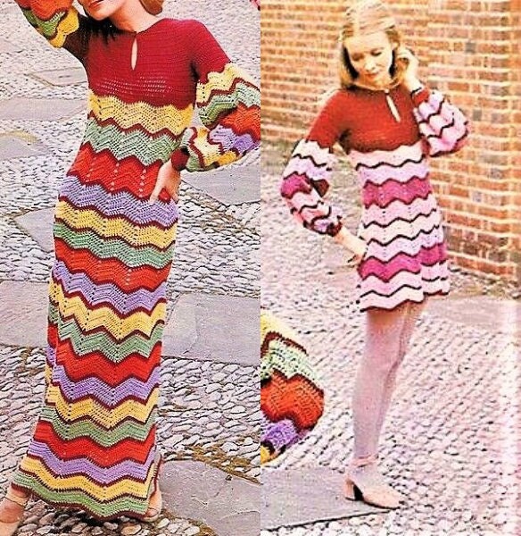 Vintage Crochet Pattern Womens Zig-Zag Chevron Stripe Long Maxi or Short Mini Dress PDF Instant Digital Download Hippie Gypsy Chic 5 Ply DK