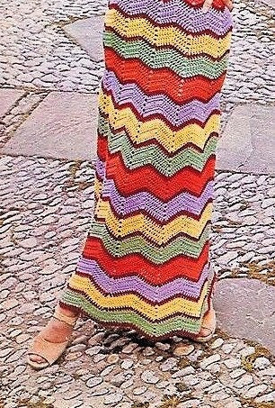 Vintage Crochet Pattern Womens Zig-Zag Chevron Stripe Long Maxi or Short Mini Dress PDF Instant Digital Download Hippie Gypsy Chic 5 Ply DK