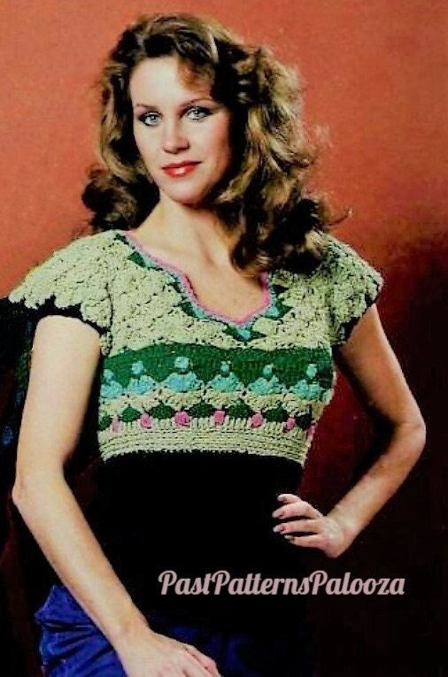 Vintage Crochet Pattern Womens Pretty Torso Hugger Cap Sleeved Shells Top PDF Instant Digital Download Boho 1970s Nubby Boucle Yarn DK