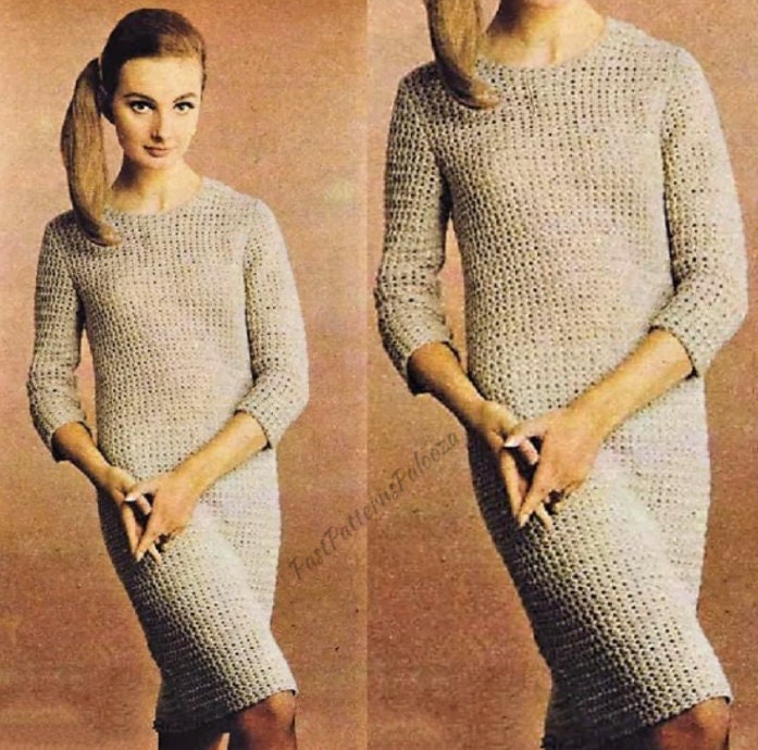 Vintage Crochet Pattern Womens Simple Classic Shapely Shift Dress PDF Instant Digital Download DK 8 Ply