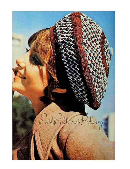 Vintage Crochet Pattern Classic Beret Hat PDF Instant Digital Download Chocolate & Blue Tam Beret Mercerized Cotton Thread