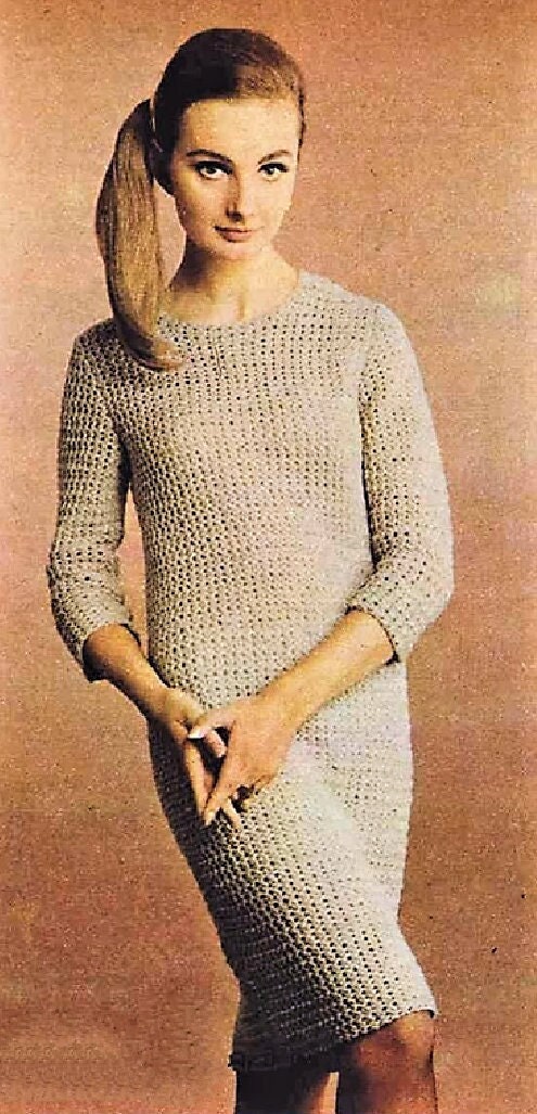 Vintage Crochet Pattern Womens Simple Classic Shapely Shift Dress PDF Instant Digital Download DK 8 Ply