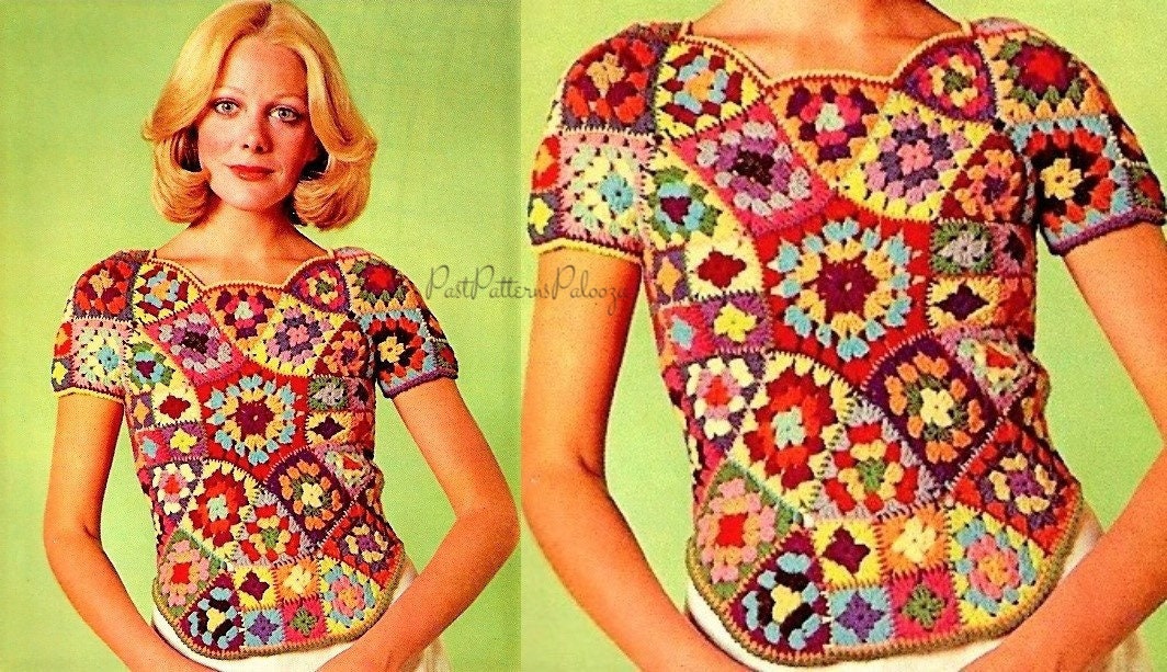 Vintage Crochet Pattern Womens Stained Glass Granny Square Shell Top PDF Instant Digital Download Groovy Gypsy Boho Mosaic Scrap Yarn 10 Ply