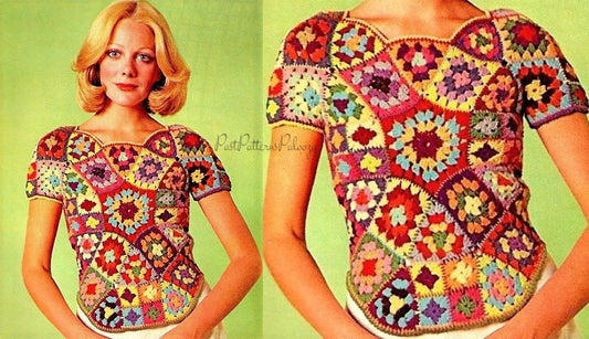 Vintage Crochet Pattern Womens Stained Glass Granny Square Shell Top PDF Instant Digital Download Groovy Gypsy Boho Mosaic Scrap Yarn 10 Ply