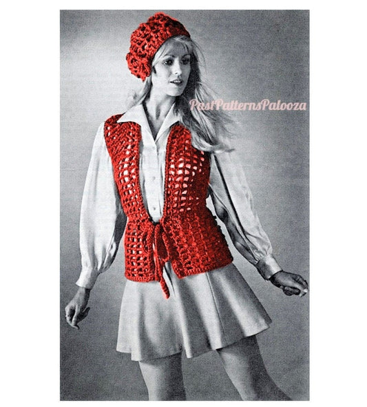 Vintage Crochet Pattern Womens Retro Lacy Vest and Beret Set PDF Instant Digital Download Groovy Mod Boho Front Tie Vest Hat Outfit 4 Ply