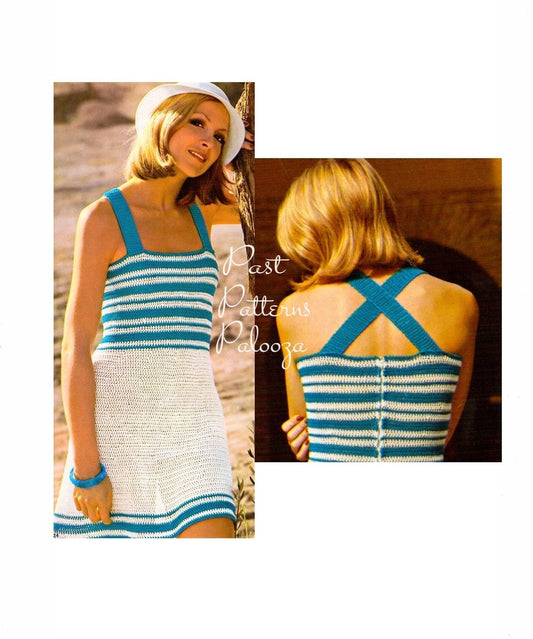 Vintage Crochet Pattern Womens Crossover Back Sundress Striped Summer Beach Dress PDF Instant Digital Download DK