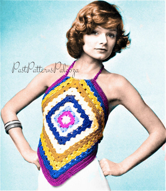 Vintage Crochet Pattern Womens Retro Granny Square Halter Top PDF Instant Digital Download Hippie Boho Chic 1970s 10 Ply