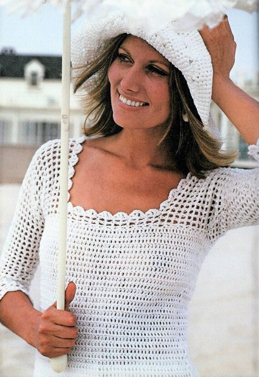 Vintage Crochet Pattern Womens Summer Top & Sun Hat Set PDF Instant Digital Download Quick Easy 5 Ply