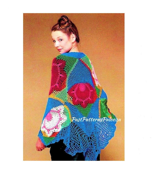 Vintage Crochet Pattern Womens Pretty Art Flower Shawl PDF Instant Digital Download Lacy Wrap Boho Lace Cabbage Rose Cotton Thread