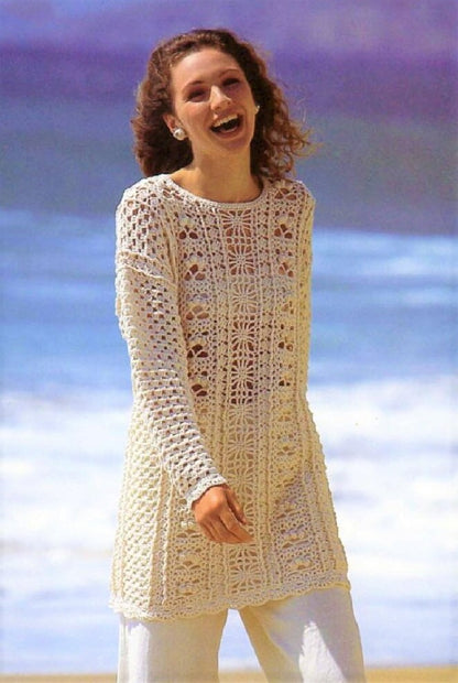 Vintage Crochet Pattern Womens Long Sweater Lacy Paneled Openwork Tunic PDF Instant Digital Download Pretty Cotton Jumper DK 8 Ply