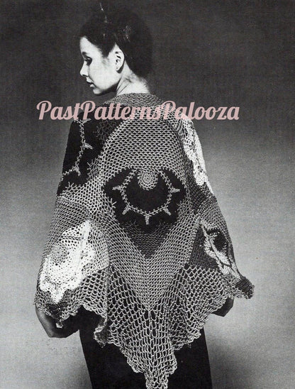 Vintage Crochet Pattern Womens Pretty Art Flower Shawl PDF Instant Digital Download Lacy Wrap Boho Lace Cabbage Rose Cotton Thread