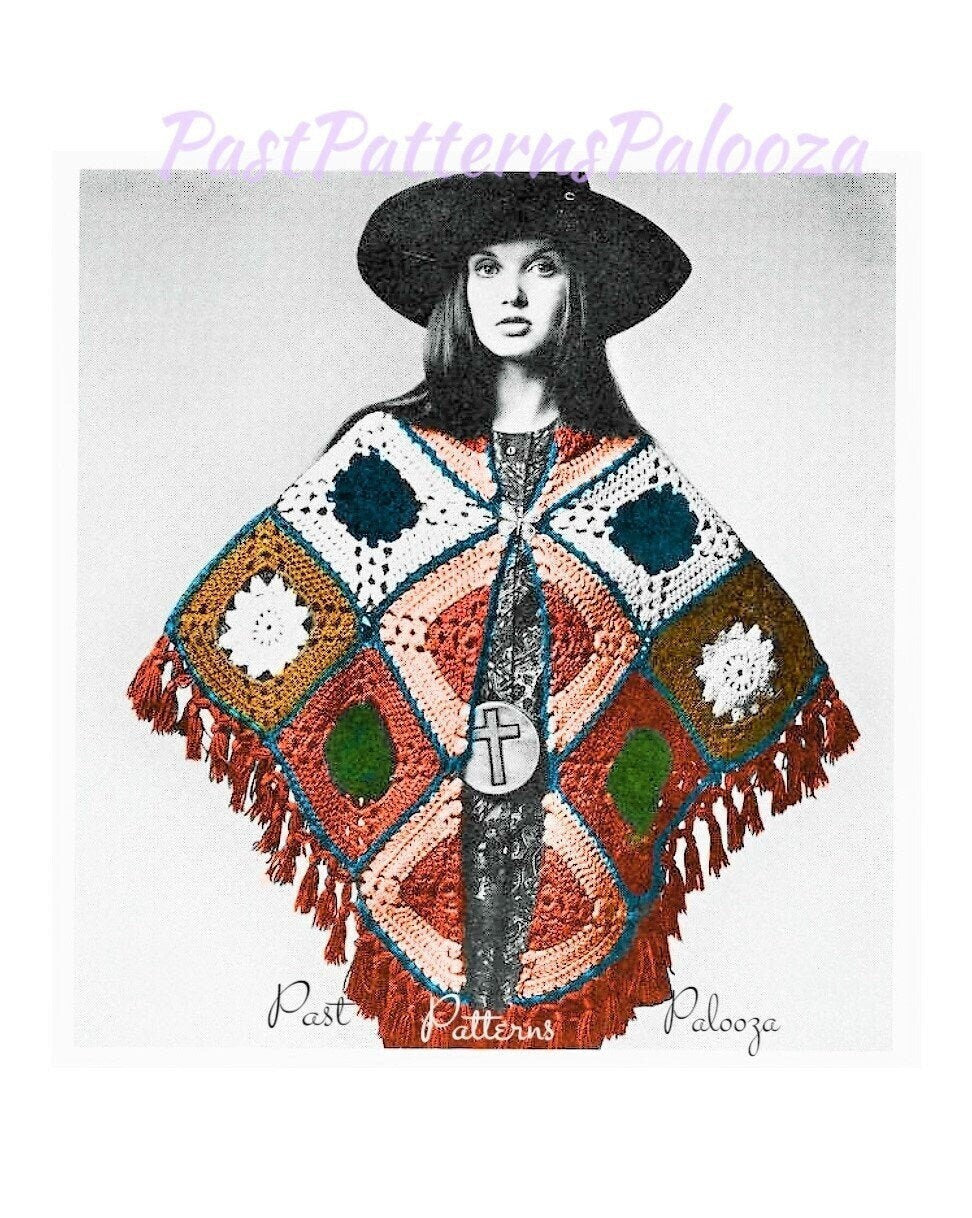 Vintage Crochet Pattern Womens Giant Granny Square Motif Shawl PDF Instant Digital Download Retro Boho Hippie Chic DK Yarn