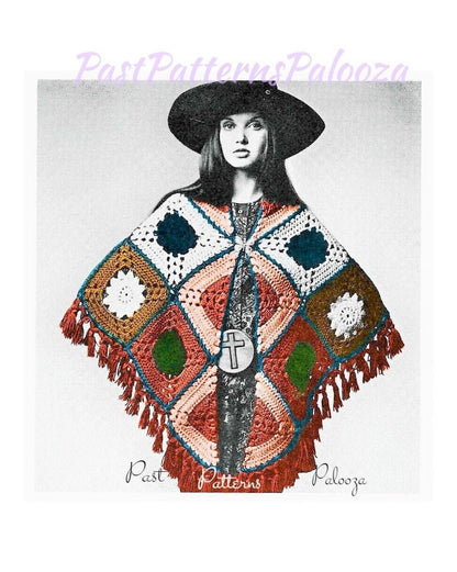 Vintage Crochet Pattern Womens Giant Granny Square Motif Shawl PDF Instant Digital Download Retro Boho Hippie Chic DK Yarn
