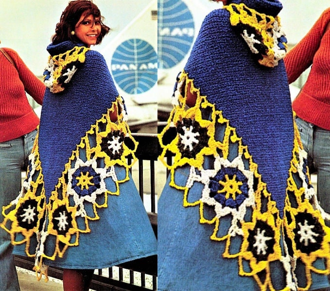 Vintage Crochet Pattern Womens Lacy Hooded Medallion Shawl Motif Design PDF Instant Digital Download Boho Wrap Coat 12 Ply