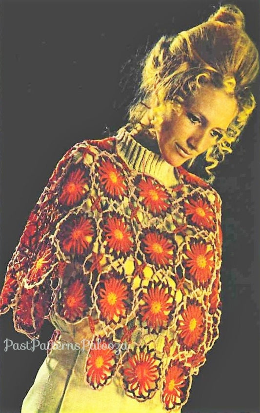 Vintage Crochet Pattern Womens Lacy Daisy Flower Wheels and Stars Poncho Cape PDF Instant Digital Download Boho Gypsy Hippie Chic 5 Ply