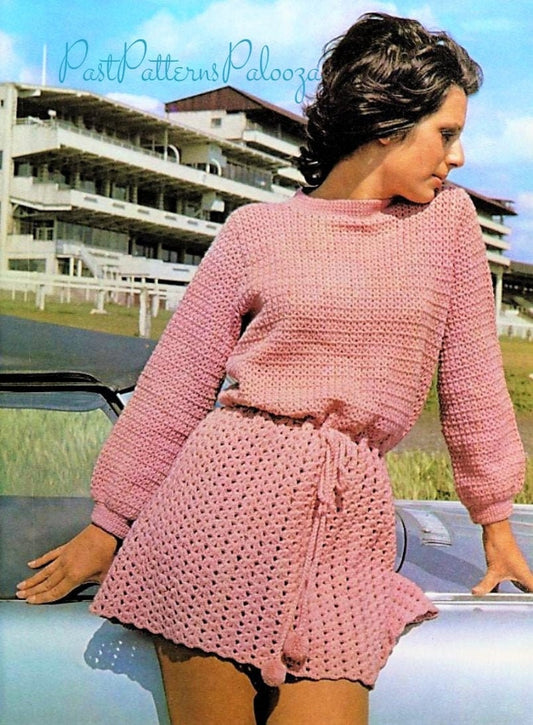 Vintage Crochet Pattern Womens Pretty Blouse Topped Dress PDF Instant Digital Download Cinched Waist Treble Shell Stitch 4 Ply 1971
