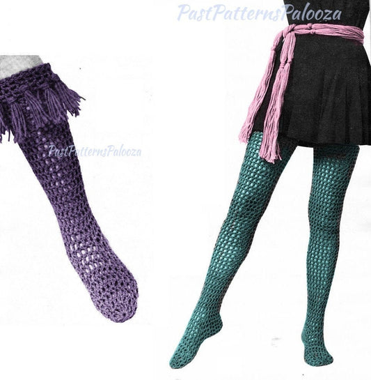 Vintage Crochet Pattern Womens Pretty Mesh Net Long Stockings Tights and Tassel Socks PDF Instant Digital Download Retro Hosiery 10 Ply