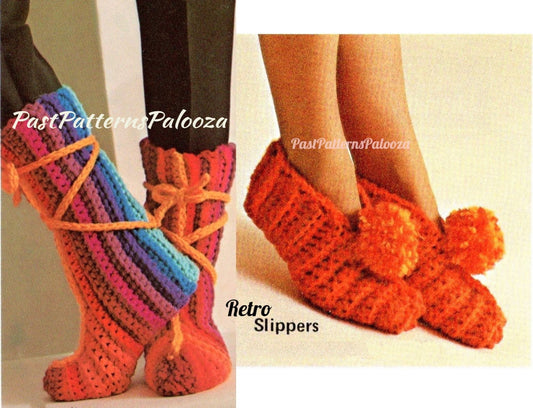 Vintage Crochet Pattern Womens Classic Pom Pom Slippers and Rainbow House Boots PDF Instant Digital Download Retro '70s Chic 12 Ply