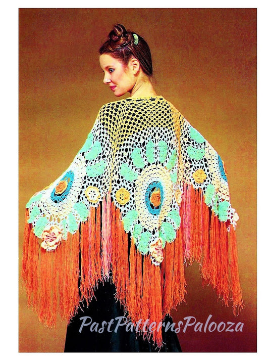 Vintage Crochet Pattern Womens Mod Rose Medallion Shawl PDF Instant Digital Download Boho Hippie Gypsy Flowers Leaves Fringed Wrap 4 Ply