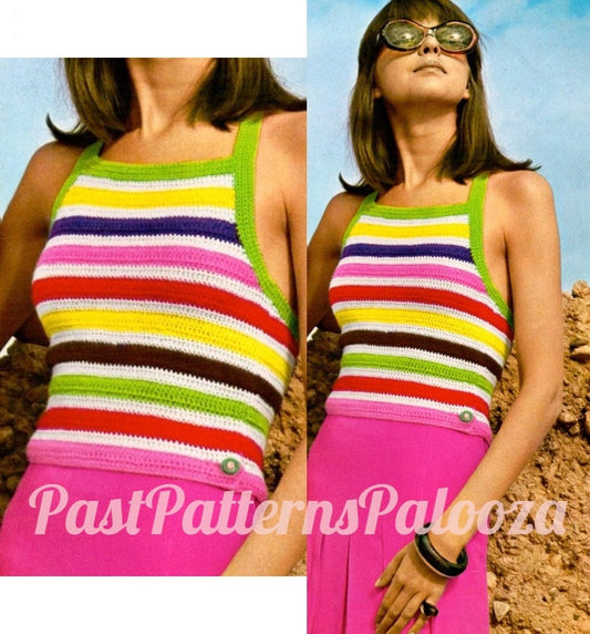 Vintage Crochet Pattern Womens Halter Top Striped Summer Cami Tank PDF Instant Digital Download Retro Boho Wear 1970s 4 Ply