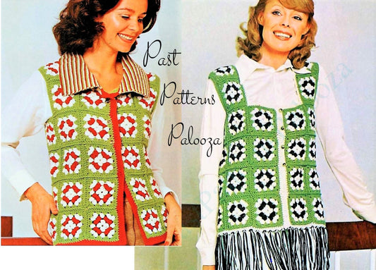 Vintage Crochet Pattern Womens Retro Tri-Color Granny Square Vests Collared & Fringed PDF Instant Digital Download Hippie Boho Chic 10 Ply
