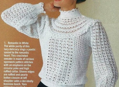 Vintage Crochet Pattern Romantic Lacy High Ruffled Collar Sweater Victorian Button Down Back PDF Instant Digital Download  Retro 1980s 5 Ply