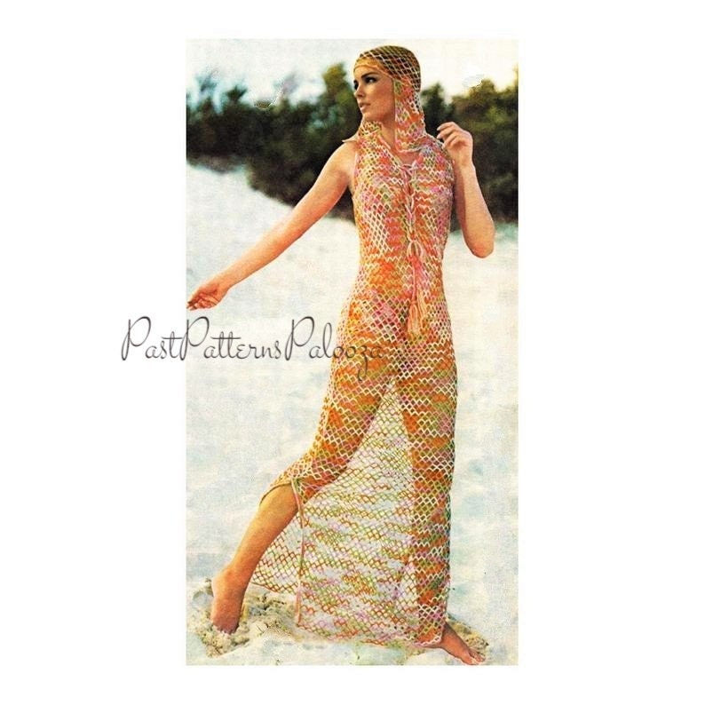 Vintage Crochet Pattern Beach Goddess Set Bikini Maxi Dress Cover Up Headpiece PDF Instant Digital Download 70s Boho Lace Mesh Shell Stitch