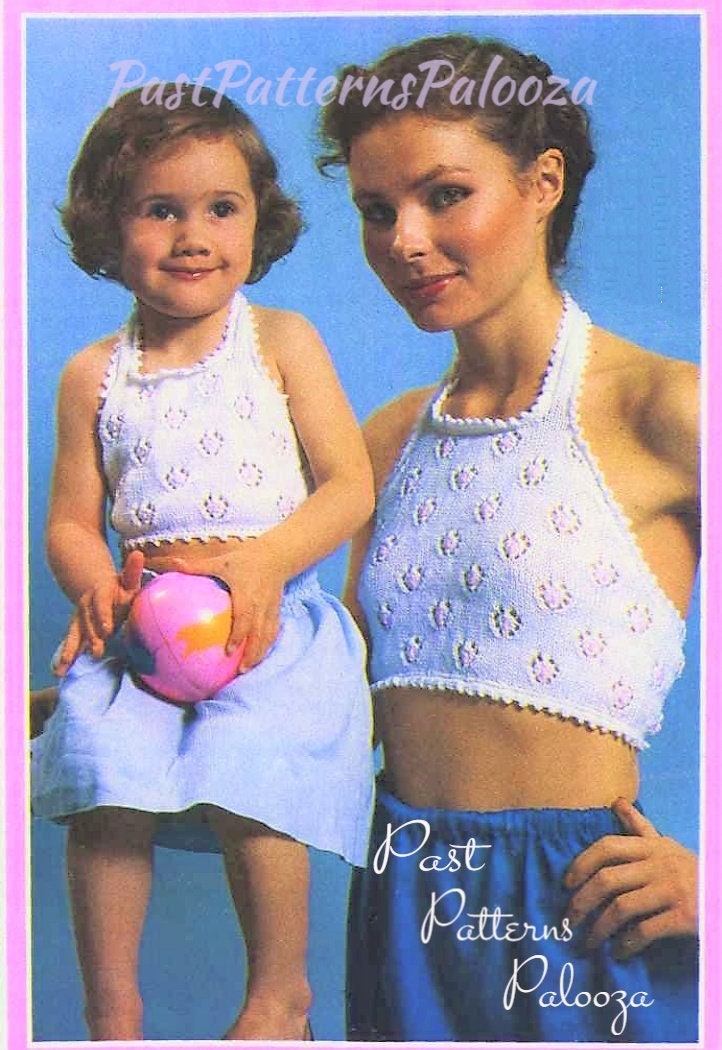 Vintage Knitting Pattern Womens Teens Girls Halter Tops Eyelet Flower Picot Edge PDF Instant Digital Download Pretty Summer Midi Tops 5 Ply