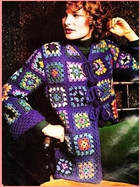 Vintage Crochet Pattern Womens Classic Granny Square Sweater Jacket Patchwork Cardigan Top PDF Instant Digital Download Quick Easy 10 Ply
