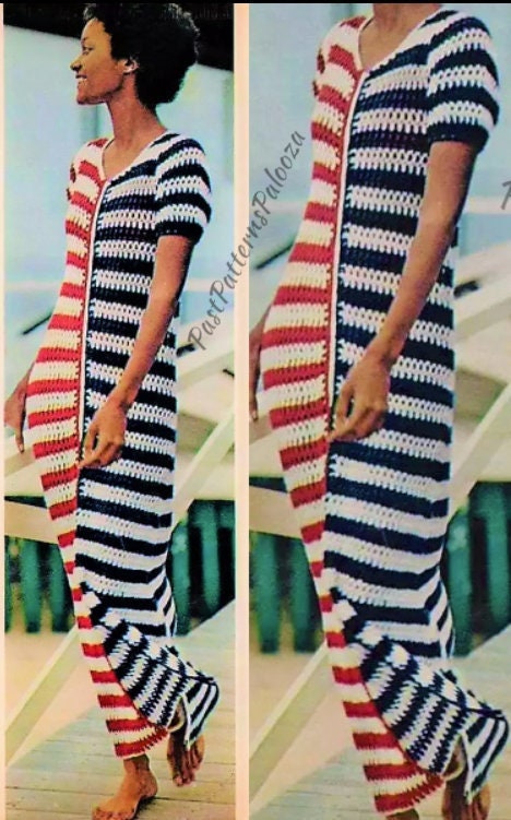 Vintage Crochet Pattern Womens Tricolor Maxi Dress or or Beach Cover Up Nautical Stripes PDF Instant Digital Download 70s 10 Ply