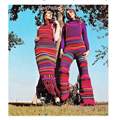 Vintage Crochet Pattern Rainbow Striped Overalls Maxi Skirt Tank Top Set PDF Instant Digital Download Retro Boho Groovy Hippie Wear 10 Ply