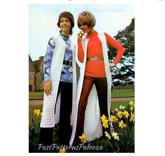 Vintage Crochet Pattern Womens Maxi Vest Long Lace Waistcoat PDF Instant Digital Download Groovy Mod Boho Maxi Midi or Mini Tunics 4 Ply
