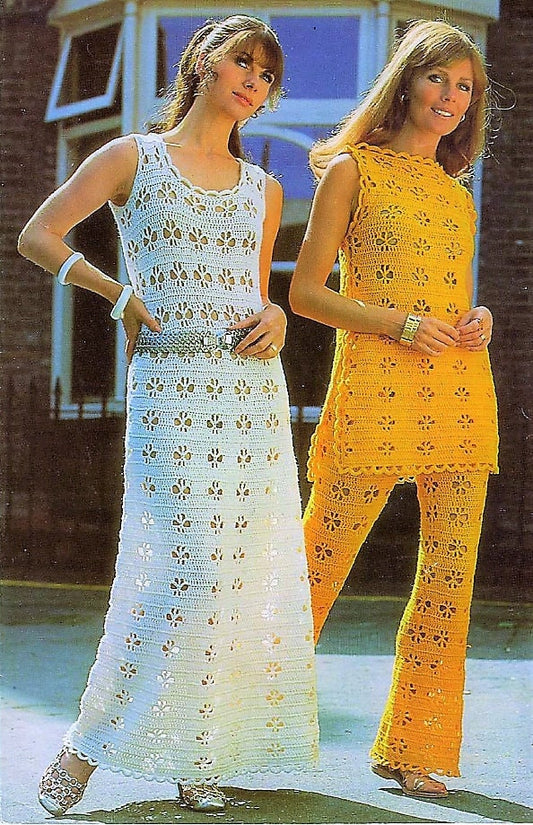 Vintage Crochet Pattern Womens Summer Maxi Dress and Tunic Pantsuit Outfits PDF Instant Digital Download Retro Boho 70s Flower Eyelet Lace