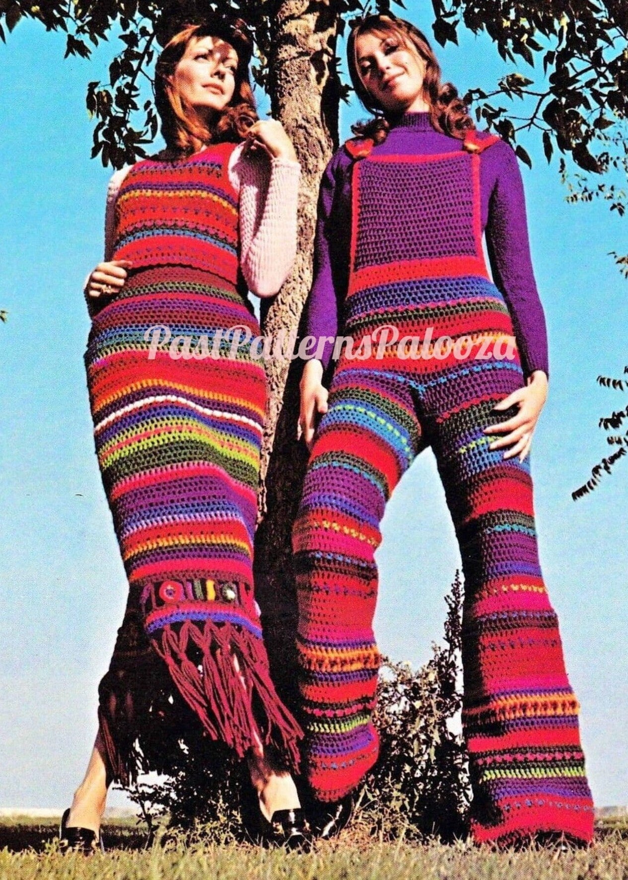 Vintage Crochet Pattern Rainbow Striped Overalls Maxi Skirt Tank Top Set PDF Instant Digital Download Retro Boho Groovy Hippie Wear 10 Ply