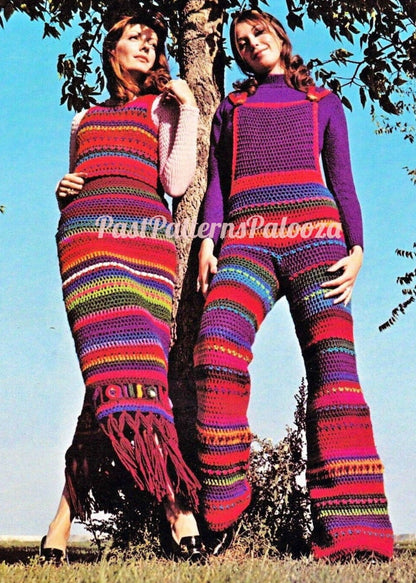 Vintage Crochet Pattern Rainbow Striped Overalls Maxi Skirt Tank Top Set PDF Instant Digital Download Retro Boho Groovy Hippie Wear 10 Ply