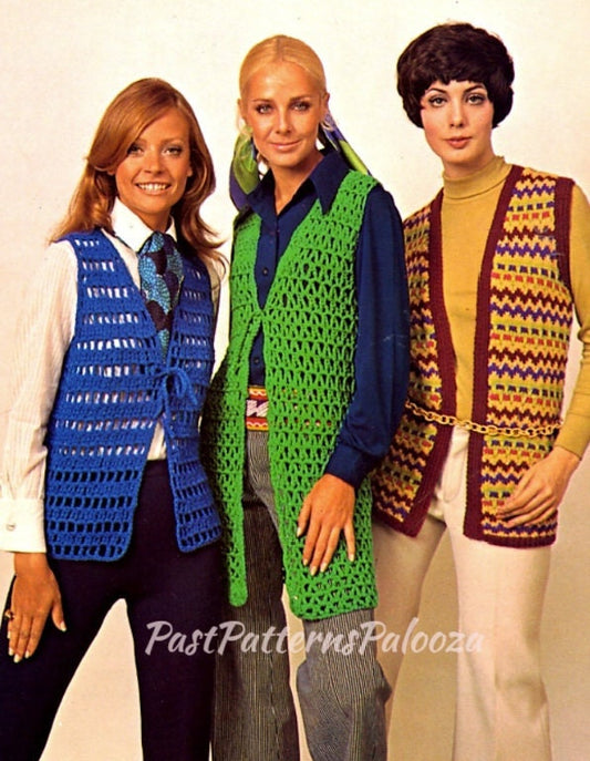 Vintage Womens Vest Patterns to Knit and Crochet PDF Instant Digital Download Groovy Boho Mod Art Deco Vests 1970s 3 Designs 4 Ply 10 Ply