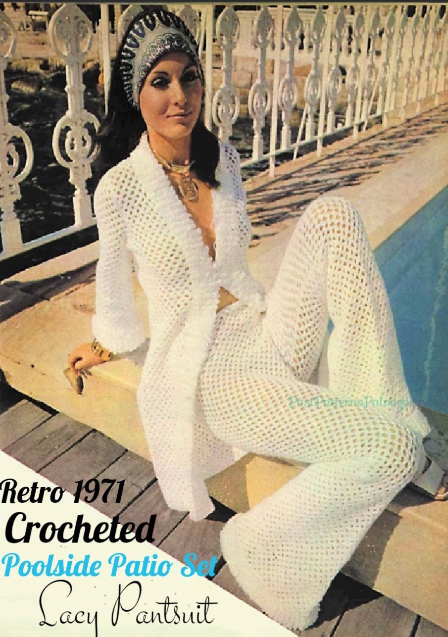 Vintage Crochet Pattern Lace Trouser Suit Patio Set Pantsuit Outfit PDF Instant Digital Download 70s Boho Maxi Jacket Flared Pants Bohemian