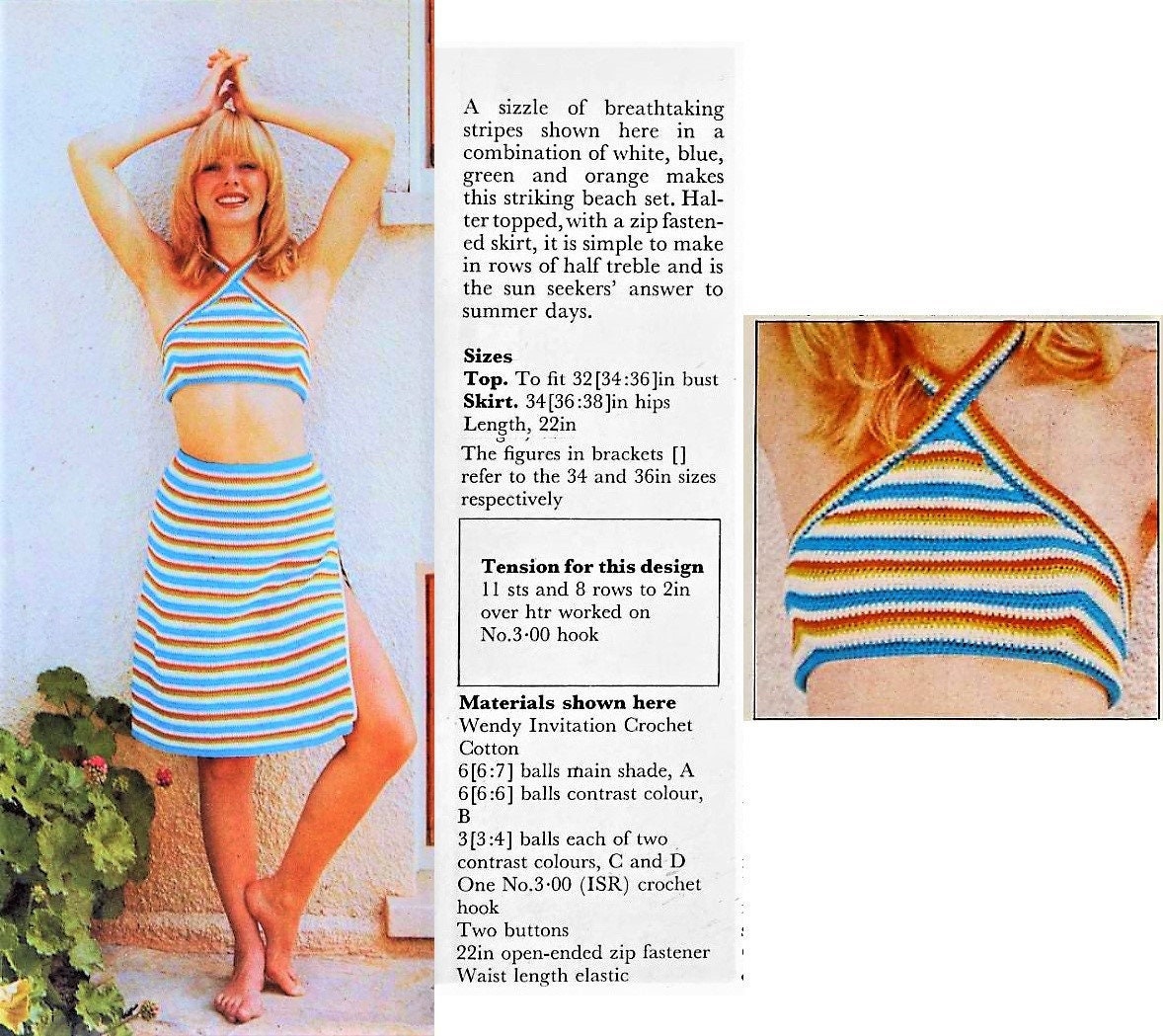 Vintage Crochet Pattern Striped Halter Top Zipper Skirt Boho Beach Set PDF Instant Digital Download Sun Crop Top Beachwear Cotton Thread