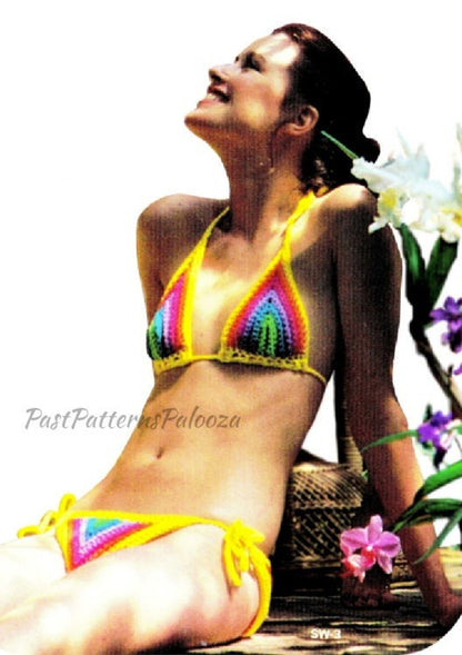 Vintage Crochet Pattern Rainbow String Bikini 2 Piece Pride Swimsuit Rainbowkini Instant Digital Download '70s Boho Bathing Suit 10 Ply